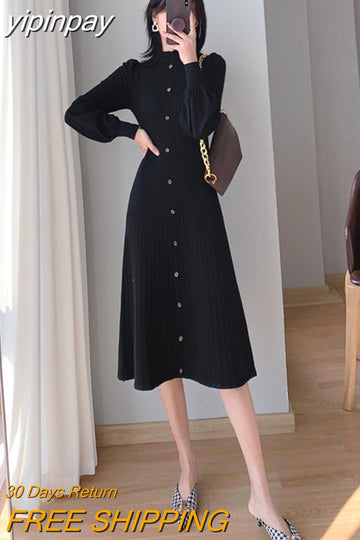 yipinpay 2023 Korean Fashion Women's Sweater Dress Buttons Autumn Knitwear Long Midi Dresses Female Winter Black Chic Vestidos